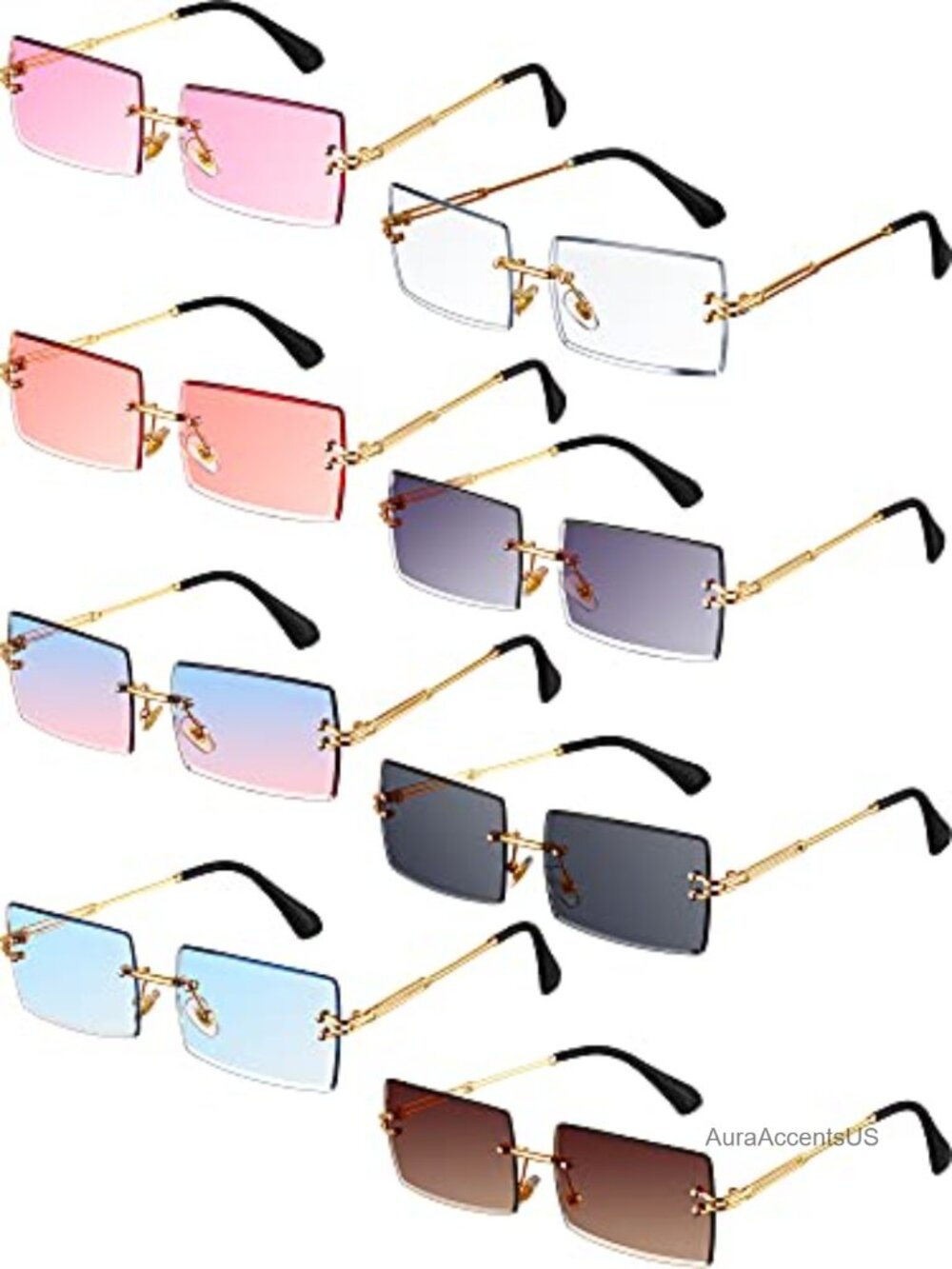 8 Pairs Rimless Rectangle Sunglasses Tinted Lens Metal Frameless Retro